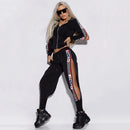 Oshoplive Kapuzenjacke und Hose mit geschlitzter Seite, lässiger Buchstaben-Print, zweiteiliges Set, Damen-Reißverschluss-Sportset, Freizeit-Sportbekleidung für Damen