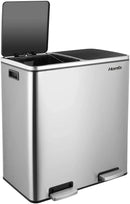 Brushed Stainless Steel 60L/16Gallon Rectangular Hands-Free Dual Compartment Recycling Kitchen Step Trash Can w/ Soft-Close Lid