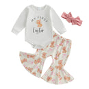 Toddler Girls Spring Floral Ruffle Sleeve Romper and Pants Set with Matching Headband - Easter Bunny Print Outfit for Baby Girls