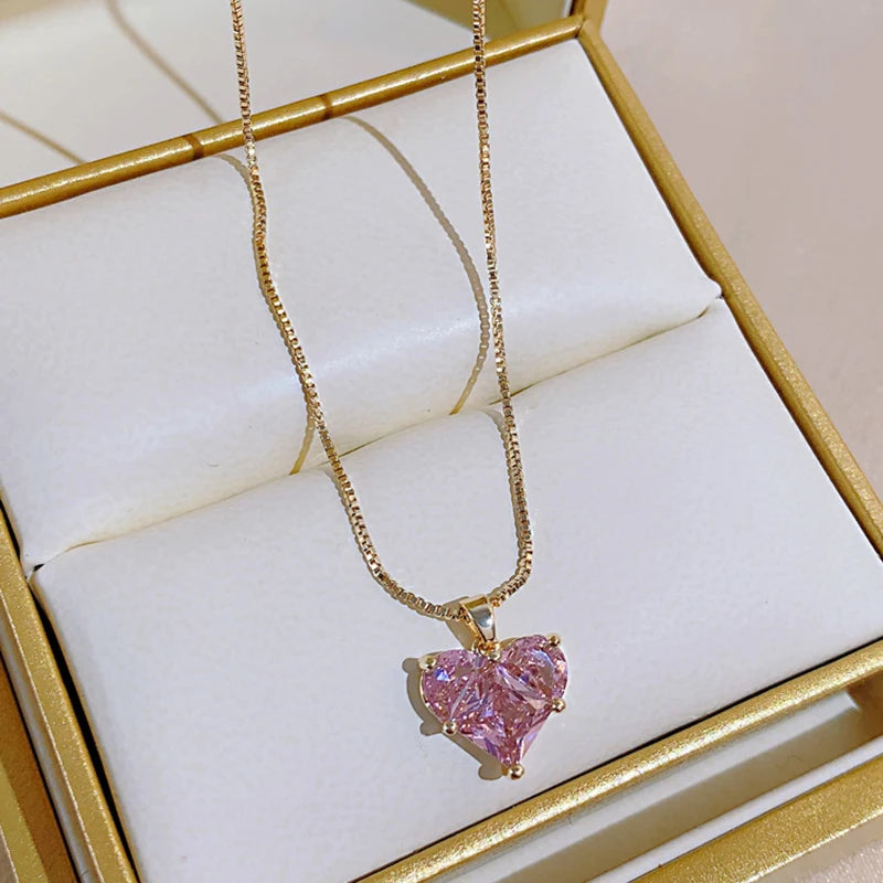 2023 New Premium Pink Zircon Heart-shaped Pendant Earrings Student Girls' Sweet Accessories For Party Women's Luxury Set Jewelry