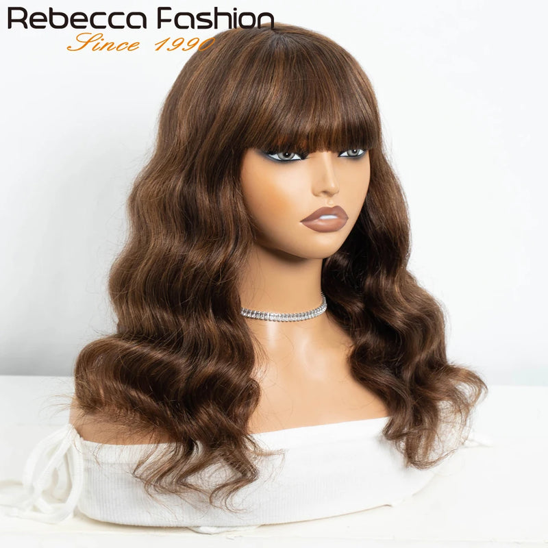 22" 180D Highlight Human Hair Wigs With Bangs Fringe Brazilian Body Wave Human Hair Bangs Wigs For Women Full Machine Made