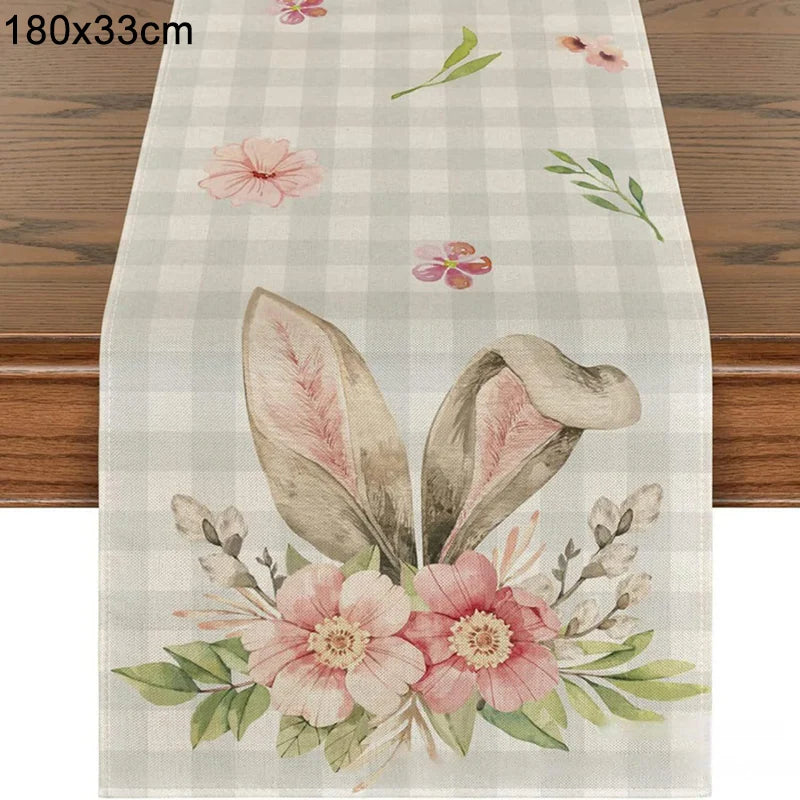 2024 Easter Rabbit Table Runner Linen Bunny Dining Table Cloth Placemat Spring Holiday Happy Easter Decoration For Home Kitchen