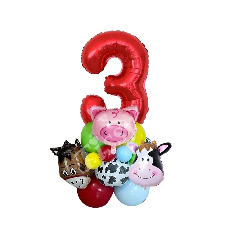 Farm Animal Balloon Tower with Digital Baloon Carton Cow/Pig/Sheep Balloons Kids Farm Animals Happy Birthday Party Decoration