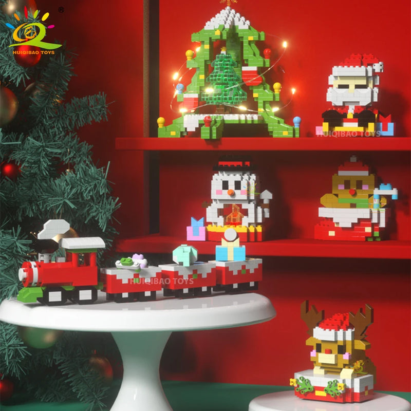 HUIQIBAO Christmas Tree Train Santa Claus Model Micro Building Blocks Elk Elves Snowman Mini Bricks Xmas Gifts Toys for Children