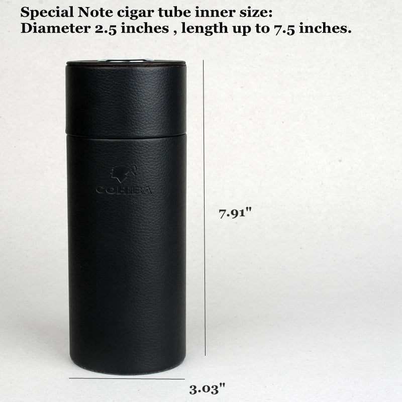 Travel Cigar Case Leather Cedar Wood Lined Tube Mini Humidor Black Tobacco Box with Long Humidifier Hygrometer Best Men's Gift