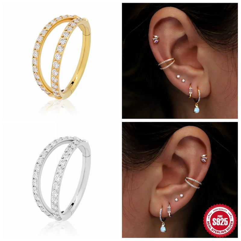 LENNIK Single 925 Sterling Silver Minimalist Double-layer Circle Hoop Earring for Women Simple Ear Bone Nose Ring Piercing Jewel