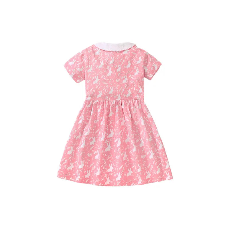 Jumping Meters  2-7 Years Girls Dresses Floral  Rabbit Print Collar Party Birthday Toddler Clothing Kids Short Sleeve Frocks