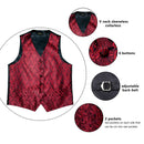 Dibangu Classic Red Black Paisley Men's Suit Vest Necktie Pocket Square Cufflinks Set Formal Business Waistcoat for Man Wedding
