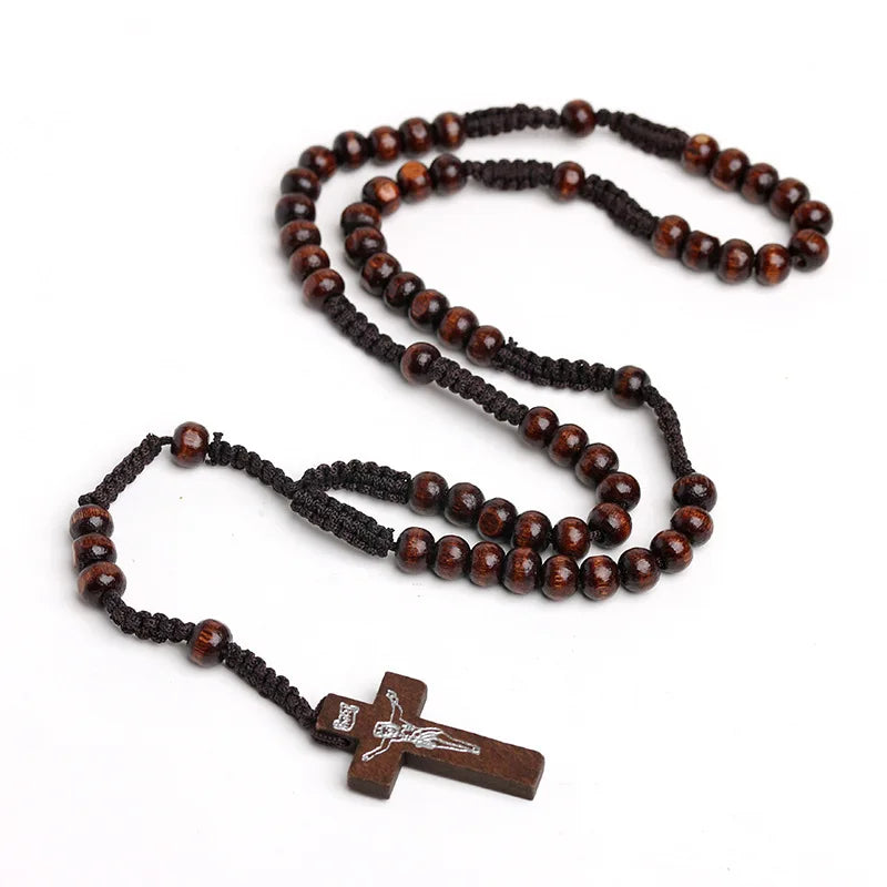 Hand Woven Jesus Christ 9mm Wooden Beads Cross Pendant Rosary Beads Necklace For Religious Orthodox Prayer Jewelry Wholesale