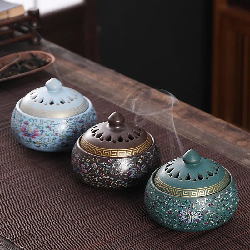 The Chinese style retro enamel colored plate incense burner the household indoor ceramic tangled lotus incense burner decoration