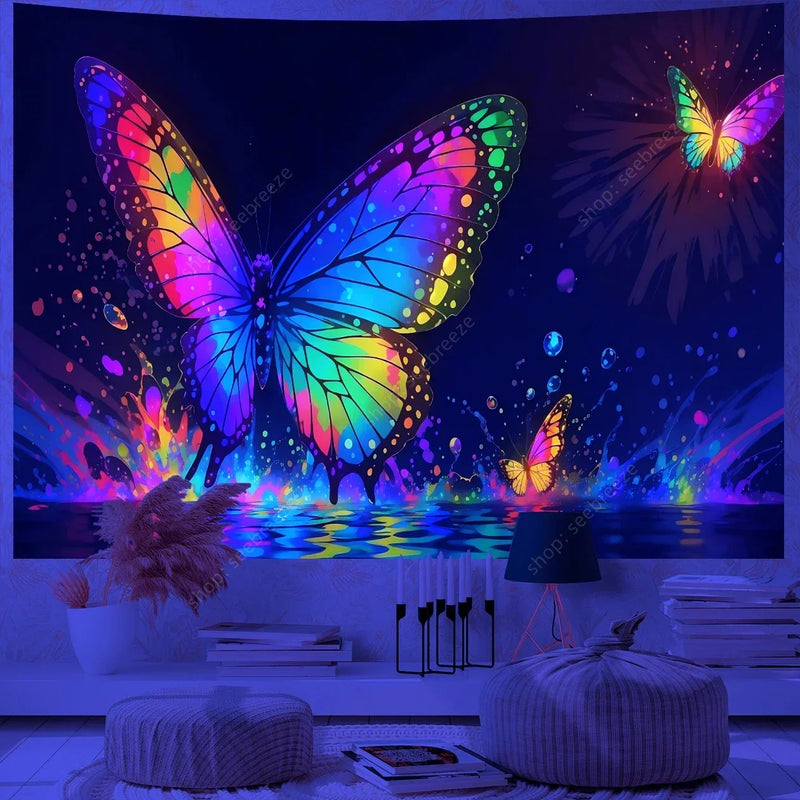 Butterfly Flower UV Reactive Tapestry Wall Hanging Hippie Boho Room Decor Aesthetic Psychedelic Home Dorm Wall Decor Party Decor