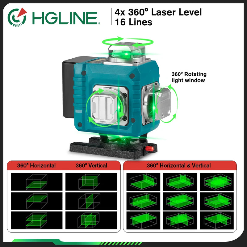 HGLINE 4D 16 Lines Green Line Laser Level APP Remote Control Horizontal Vertical Measuring Laser Instrument Inclined Laser Level
