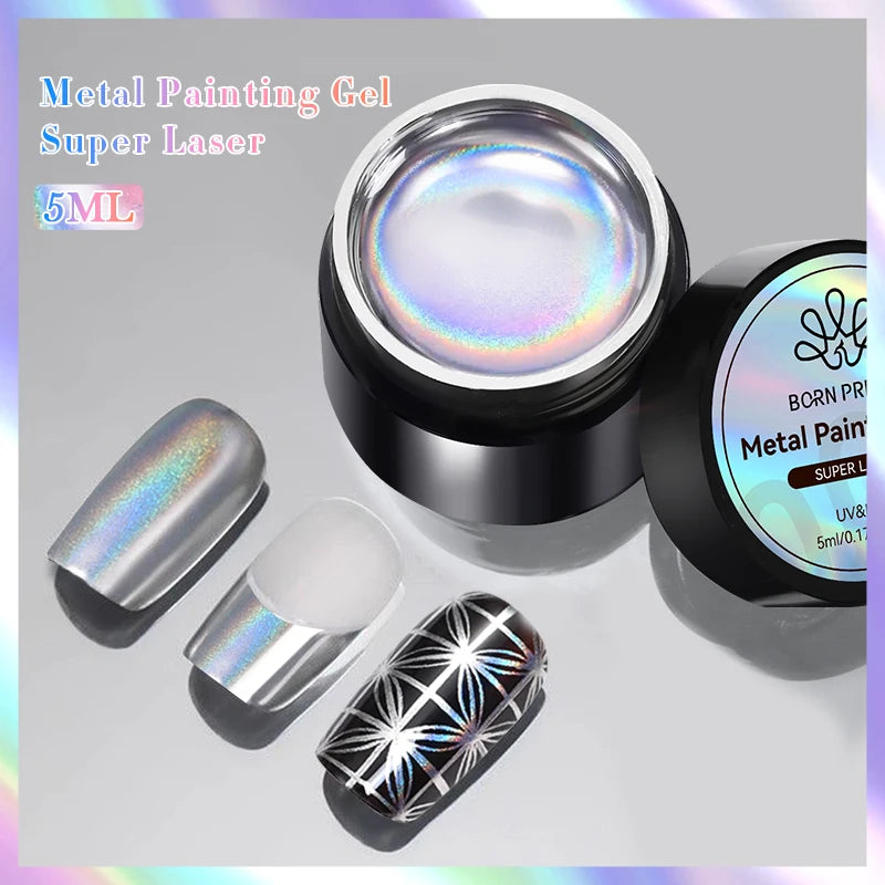 BORN PRETTY Glitter Silver Mirror Metallic Painting Gel Polish Soak Off Super Laser Bright Gel Manicure Flower Drawing UV Gel