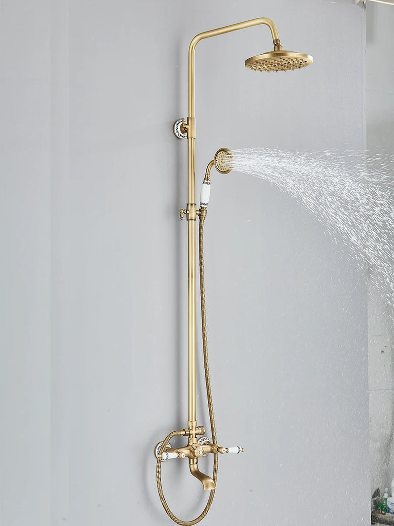 Retro Shower System Antique Brass Rainfall Shower With Handheld Shower Tub Spout For Bath Shower