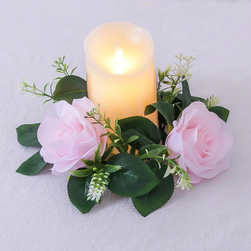 Wedding Candlestick Wreath Artificial Roses Candle Rings Wedding Table Decoration Silk Artificial Garland for Candle Home Decor