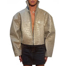 Retro Crocodile Pattern Short Women's Leather Jacket High Collar Zipper Loose Long Sleeve Jackets 2026 Lady Street Daily Wear