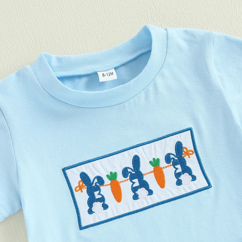 Adorable Infant Easter Outfit with Bunny and Carrot Embroidery Short Sleeve Tee and Plaid Shorts Set for Boys