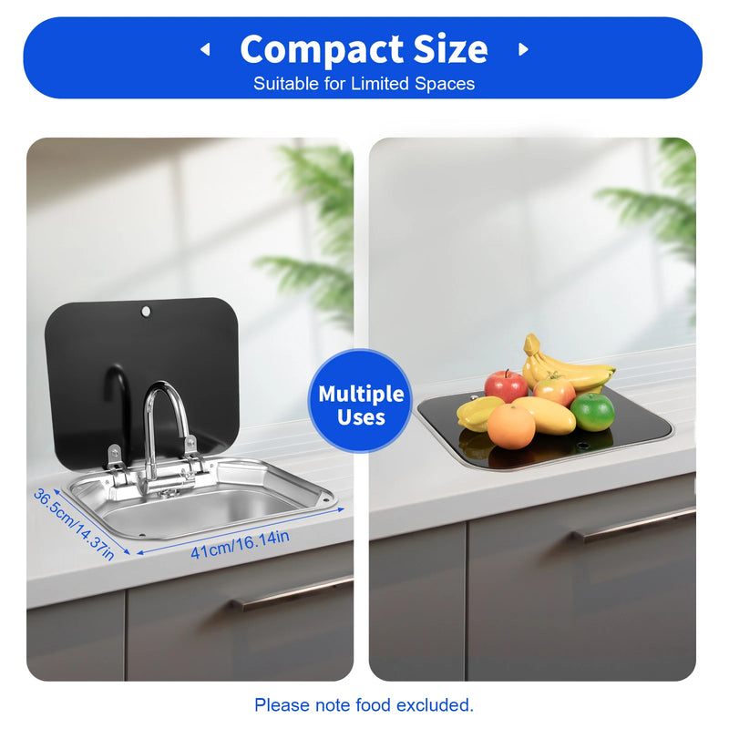 Steel Hand Wash Basin Sink with tap with Folded Faucet Tempered Glass Lid van Camper Trailer Accessories for RV Caravan or Boat