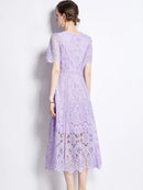 SMTHMA High-End O-Neck Short Sleeve Summer Dress For Women's New Fashion Slim Elegant Runway Lace Long Dresses Vestidos