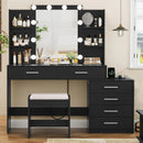 Quimoo 48" Großer Schminktisch mit Spiegel und Beleuchtung, Schminktisch mit 6 Schubladen, Steckdose, 4 Ablagefächern & Hocker, Schwarz