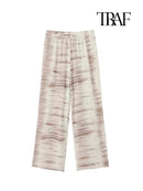 TRAF Women Fashion Casual Backless Tie-Dye Top Set Vintage Neck Tie-Dye V-Neck Top Elegant Drawstring High-Waisted Wide-Leg Pant