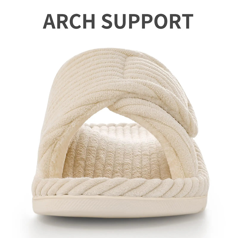 Comwarm Orthopedic House Slippers For Women Adjustable Indoor Slippers Fashion Open Toe Corduroy Bedroom Slides Fur Cotton Shoes
