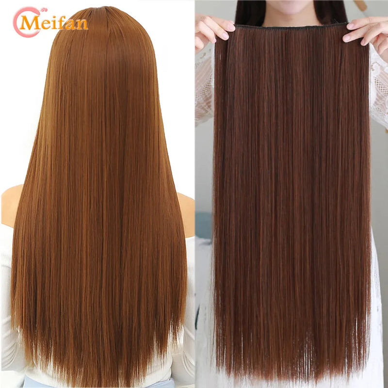 MEIFAN Long Synthetic Straight Natural Fake Hair Pieces 5-Clips In Hair Extension Heat Resistant Black Brown Natural Hairpiece