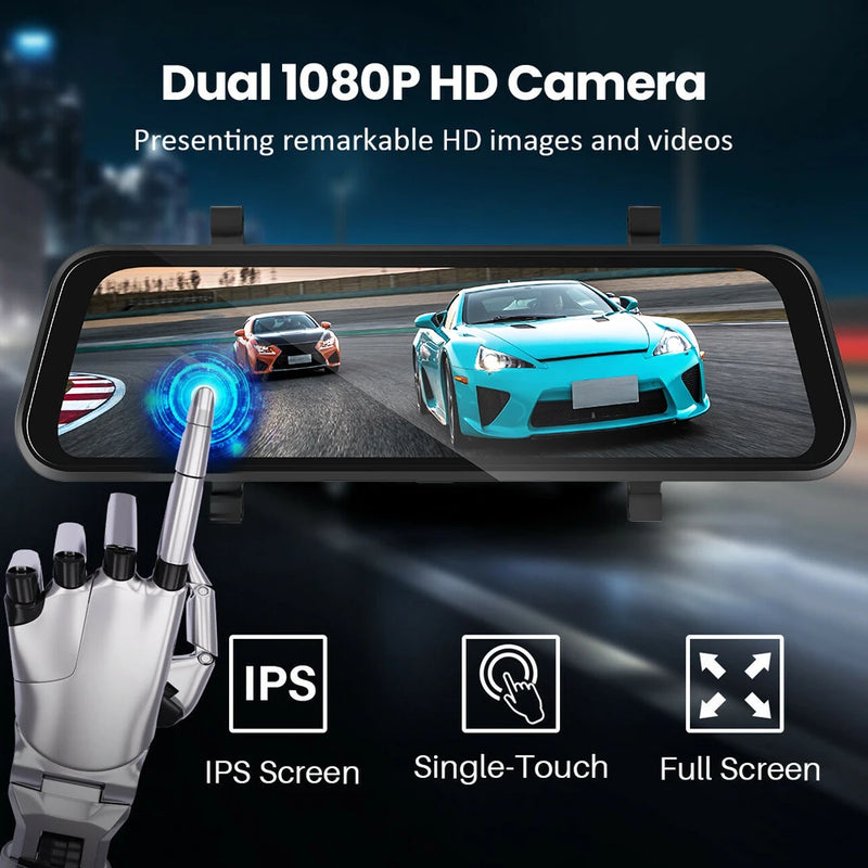 Podofo  Car Video Recorder Rearview 9.66 Inch Ultra HD Mirror Camera Wireless Carplay Front and Rear Camera Mirror DVR Black Box