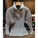 Miyake Pleated Sweatshirt Pit Stripe Zipper Standing Collar Jacket Women 2025 New Casual Pullover Hundred Pleat Skinny Tops