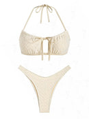 ZAFUL Women's Lace Overlay Halter Tied Cheeky High Leg Brazilian Two Piece Swimwear Bikini Set