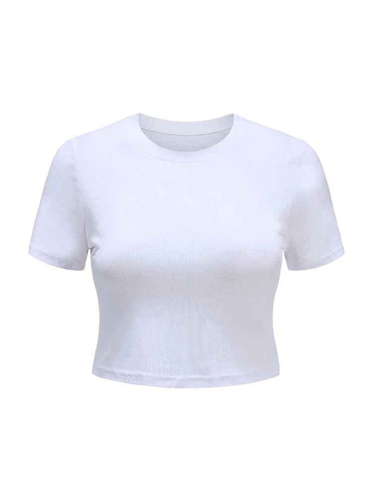 O Neck Knit White Crop Top Women Summer Casual T Shirt Basic Sexy Streetwear Ribber Black Short Sleeve Tops