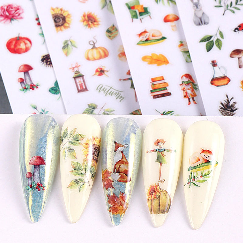 3/4/7pcs 3D Autumn Winter Nail Art Stickers Pumpkin Maple Leaves Squirrel Rabbit Flowers Decal For Thanksgiving Day Manicure DIY