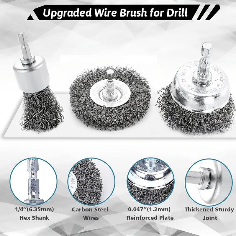 Wire Brush Wheel Cup Brush Set 10 Pack,Wire Brush for Drill 1/4 Inch Hex Shank 0.012 Inch Coarse Carbon Steel Crimped Wire Wheel