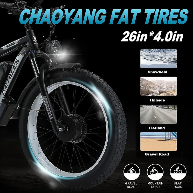 K800 Electric Bike 2000W Dual Motor 48V23AH Lithium Battery Hydraulic Brake E-bike Mountain 26*4.0-in Fat Tire Electric Bicycle