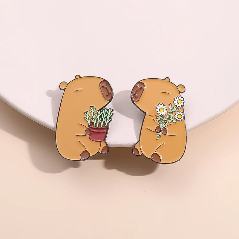 Wholesale Cute Capybara Enamel Pins Cartoon Animal Hard Metal Brooches Shirt Backpack Lapel Badge Jewelry Gift for Kids Friends