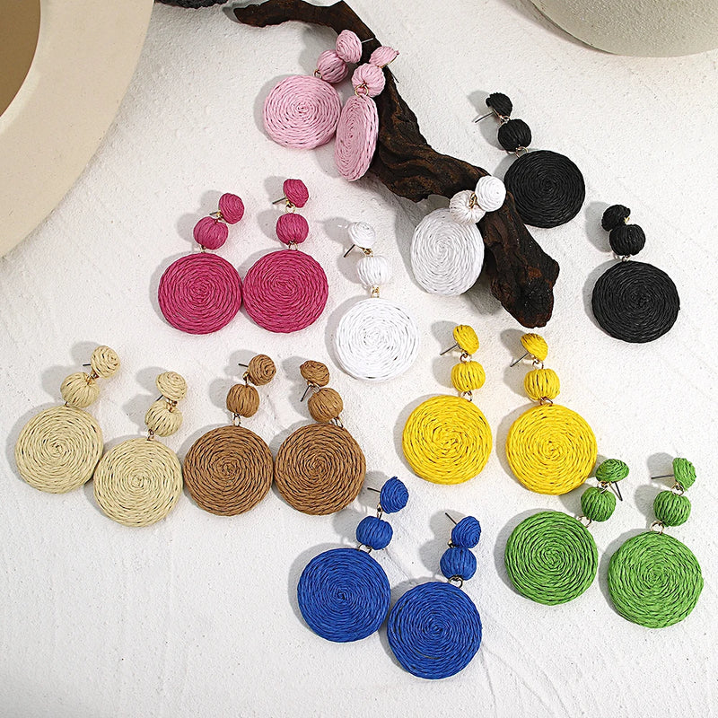 AENSOA Boho Yellow Raffia Round Drop Earrings for Women Handmade Geometric Rattan Knit Hanging Earrings Summer Beach Jewelry