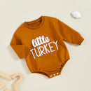 Thanksgiving Baby Romper with Embroidered Turkey Design and Cozy Long Sleeves for Fall Festivities and Family Gatherings