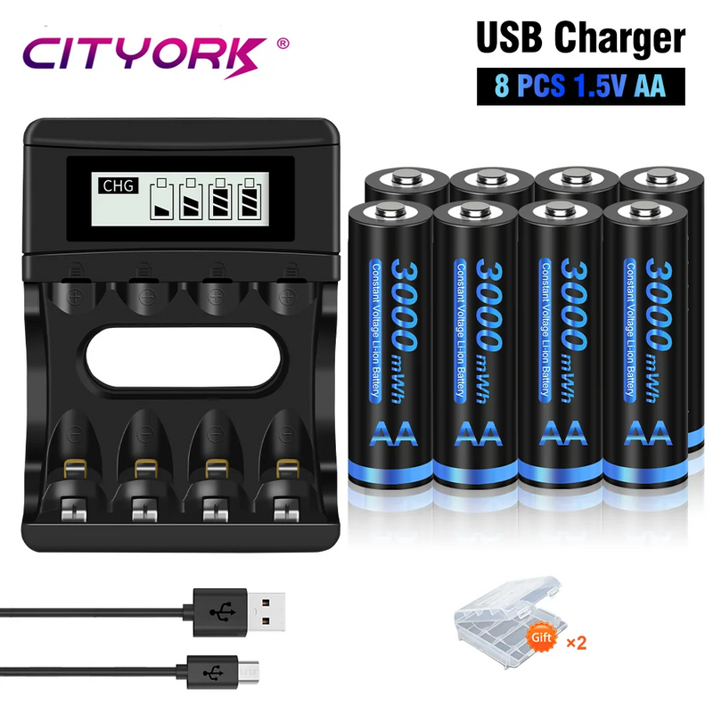CITYORK 1.5V AA Li ion Rechargeable Battery 3000mWh 1.5 V AA Lithium ion Rechargeable Batteries With1.5V AA AAA Battery Charger