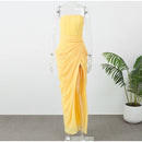 Butter Yellow Mesh Splicing Long Dress Elegant Strapless Split Backless Pleated Gowns For Women 2026 Lady Evening Party Gowns