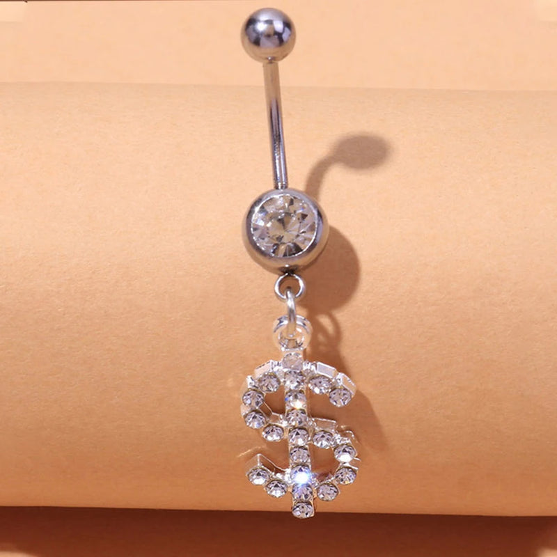 Hip Hop Dollar Belly Button Nail Rings Stainless Steel Anti Allergy Punk Rhinestone Dangle Belly Piercing Jewelry For Women Gift