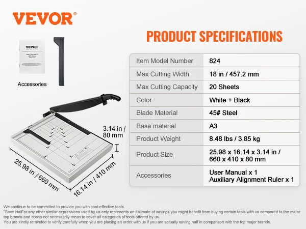 VEVOR Paper Cutter Guillotine Trimmer 15"/18" Cut Length 16/20 Sheets Capacity Heavy Duty Paper Cutter for Home Office School