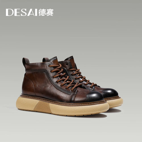 DESAI Herren Winter Neue Echte Lederstiefel Rutschfeste Absätze Mode Herren Arbeitsschuhe Outdoor Warme Stiefel Dicke Sohle Geschenke