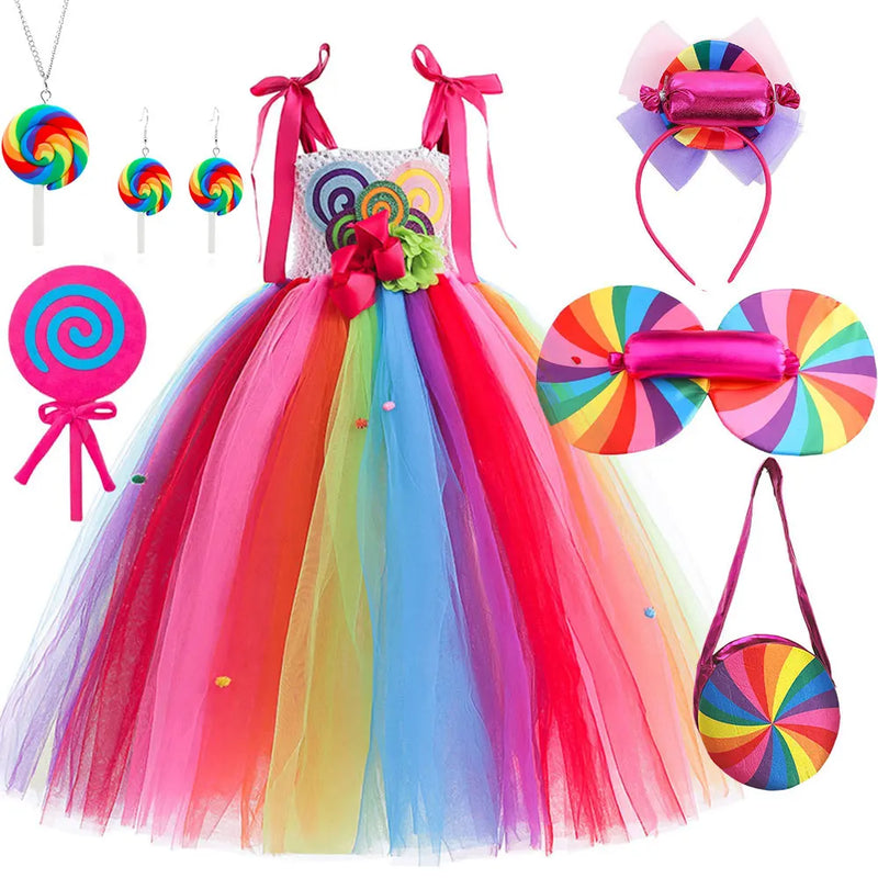 Candy Fairy Costume Girls Lollipop Cosplay Dress Toddler Carnival Purim Rainbow Vestidos Christmas Party Princess Clothing Gown