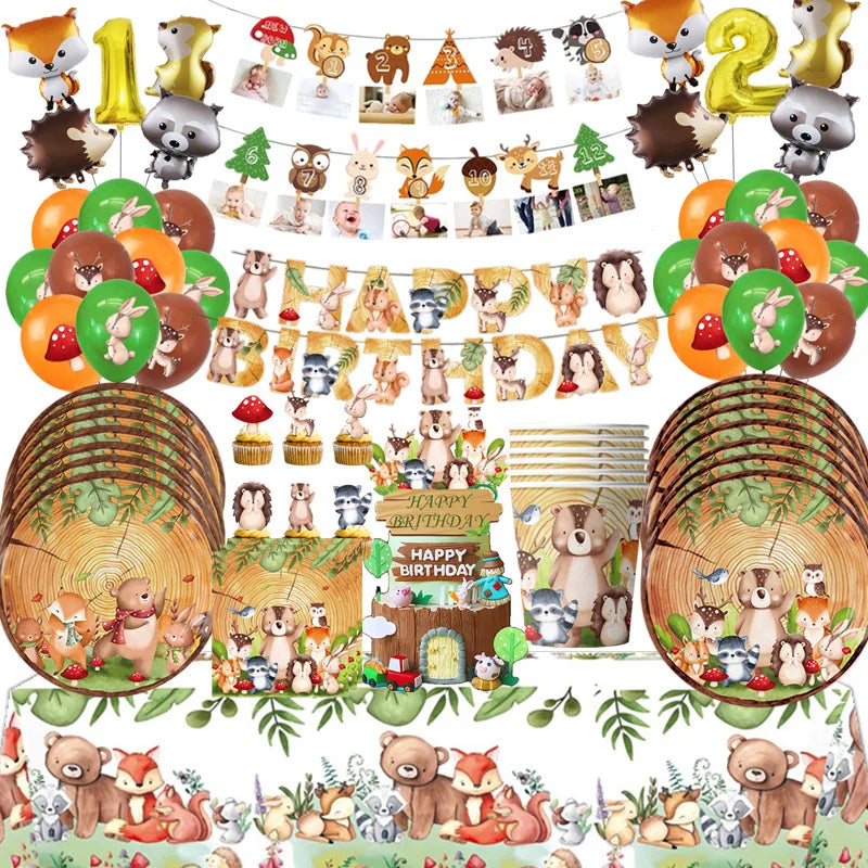 Woodland Forest Theme Birthday Decoration Wild One Party Supplies Animal Paper Plates Cup Tablecloth Banner Balloon Baby Shower