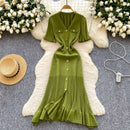 SINGREINY Summer OL Knit Dress 2025 Women V Neck Button Design Slim Mermaid Sundress Fashion Elastic Solid Bohemian Long Dress