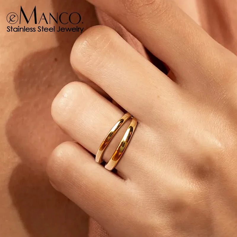 e-Manco Retro Minimalist Opening Rings For Women Double Layer Adjustable Finger Stainless Steel Ring Girl Personality Jewelry