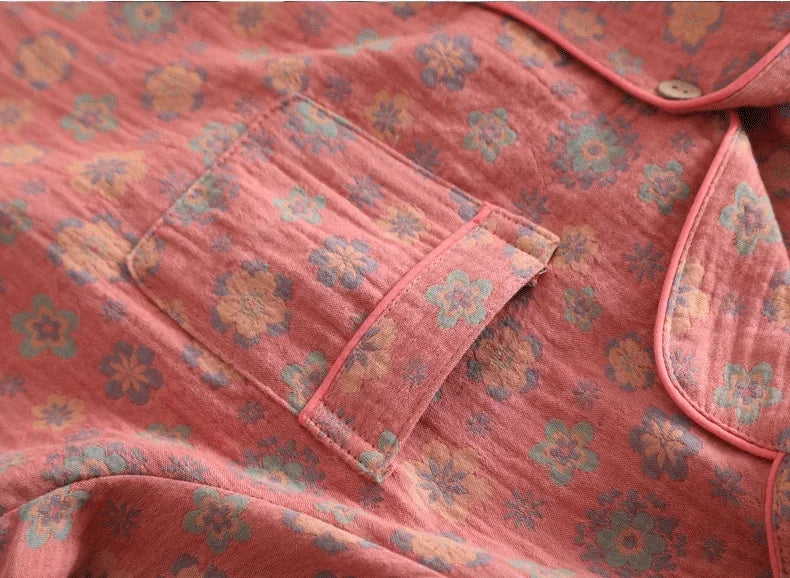 Floral Printed Cotton Women's Pajamas Suit for Spring and Autumn Jacquard Long Sleeved Large Size Home Women Sleepwear Set