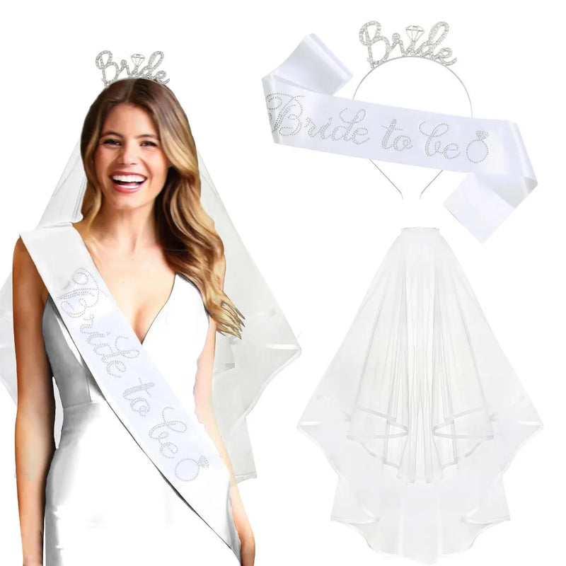 3pcs Wedding Engagement Party Bridal Shower Decorations Supplies Bride To Be Tiara Crown Sash Veil Set Bachelorette Party Favors