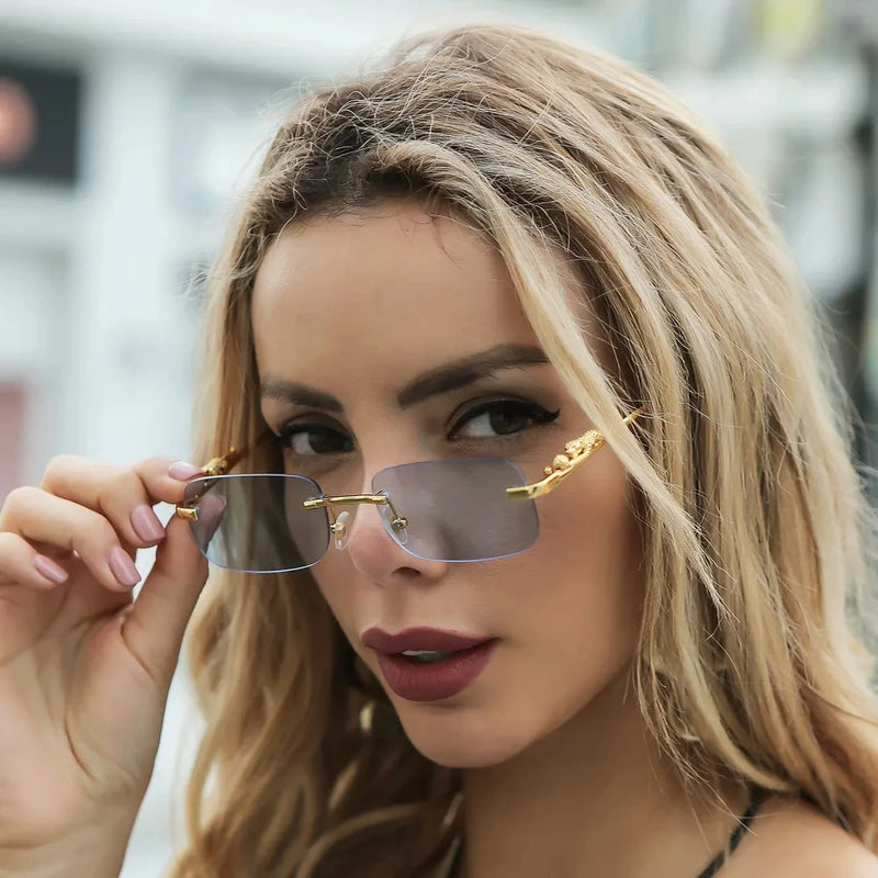 New Rimless Rectangle Vintage Metal Leopard Head Sunglasses Fashion Frameless Tinted Glasses Shades for Women Men