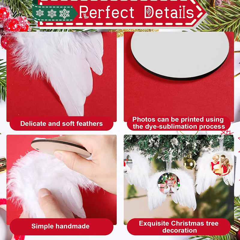 12set White Angel Wings Christmas Tree Decor Hanging Ornament Wedding Party Feather Wing with Blank Thermal Sublimation Plate